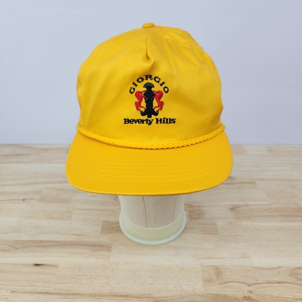 Vintage 90's Giorgio Beverly Hills Snapback Yellow Trucker Cap Hat Rope Front